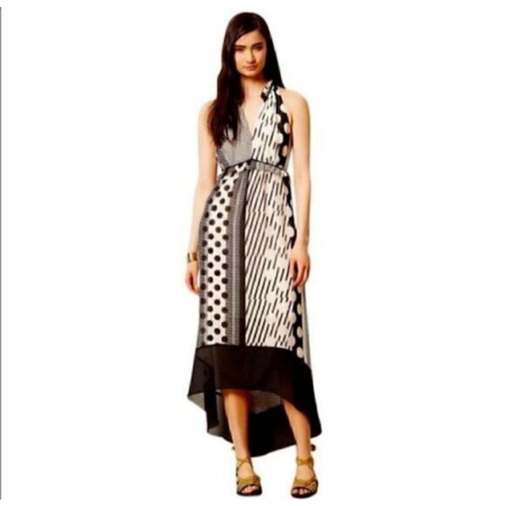 MAEVE ANTHROPOLOGIE Channeled High Low Polka Dot Stripe Maxi Dress 6 Black White